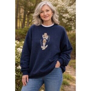 Country Store Dark Blue Embroidered Owl & Fox Sweatshirt 3x Grandmacore Grandma